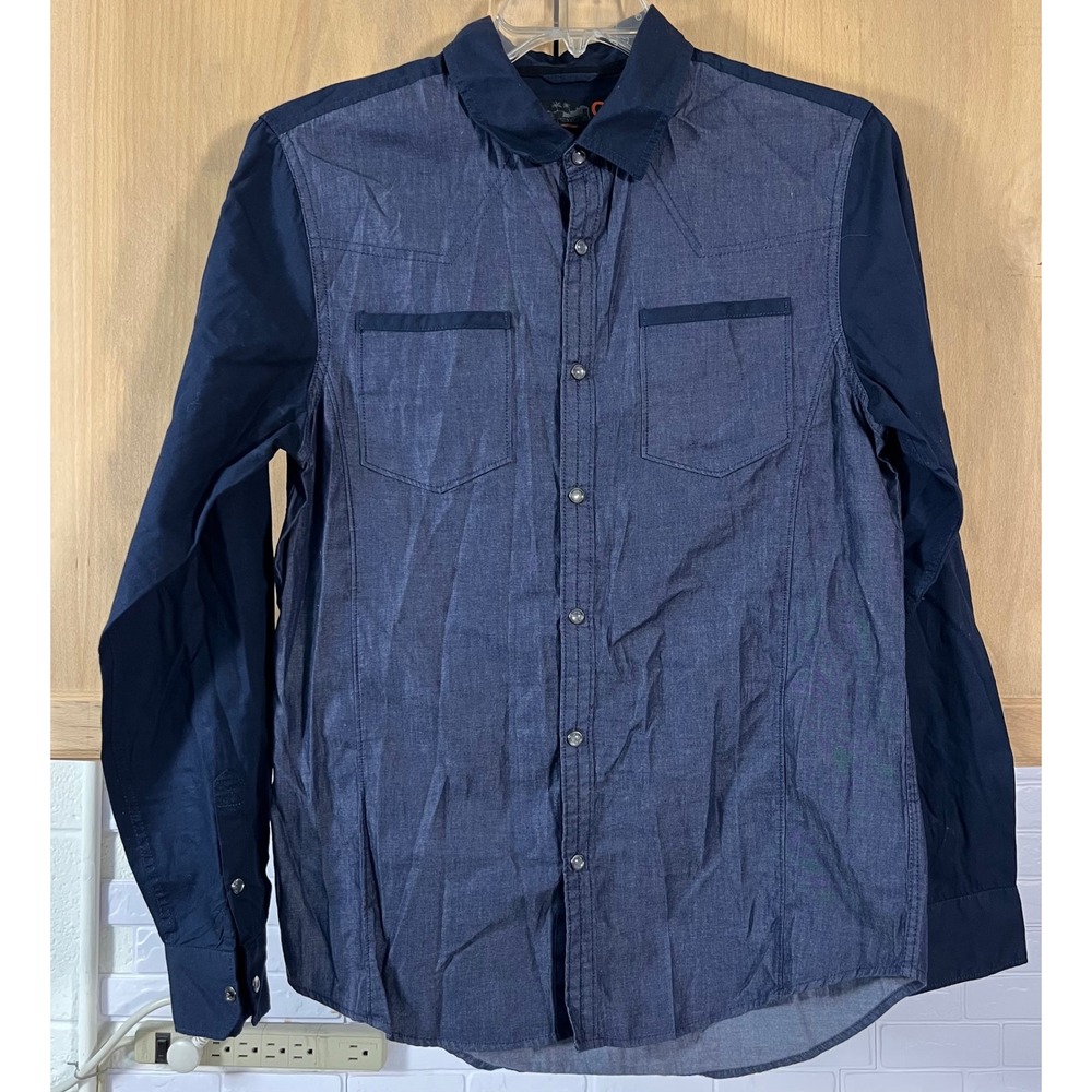 G by GUESS Button Up Shirt Mens Medium Blue Two Tone Long Sleeve Western Snap